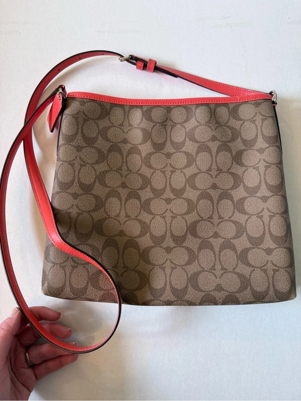 COACH Signature File Crossbody Bag (F58297) Brown Khaki, Bright Orange Straps